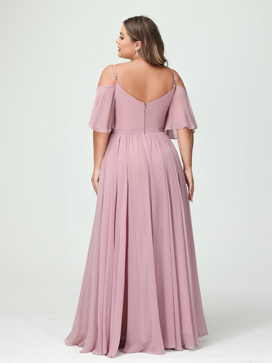 A-Line/Princess Spaghetti Straps Half Sleeves Chiffon Plus Size Bridesmaid Dresses with Pockets