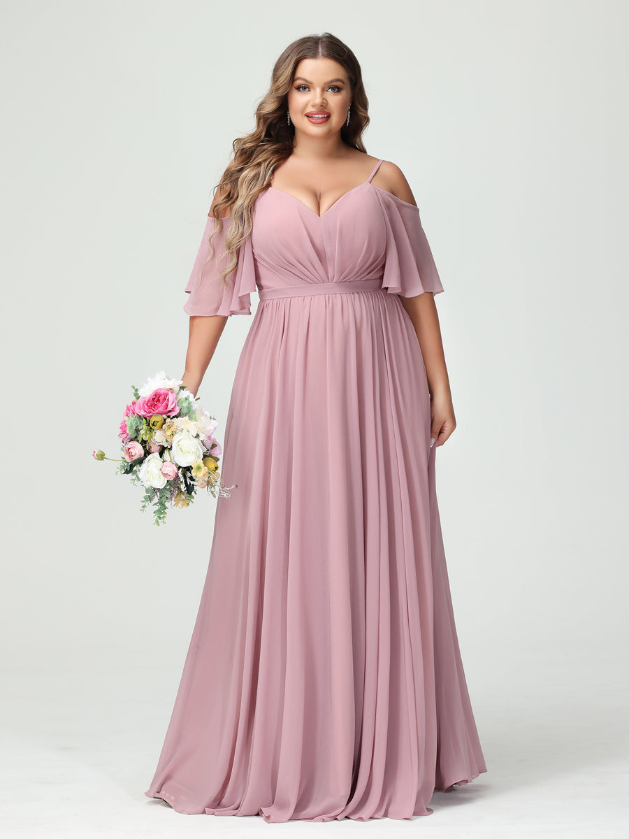 A-Line/Princess Spaghetti Straps Half Sleeves Chiffon Plus Size Bridesmaid Dresses with Pockets