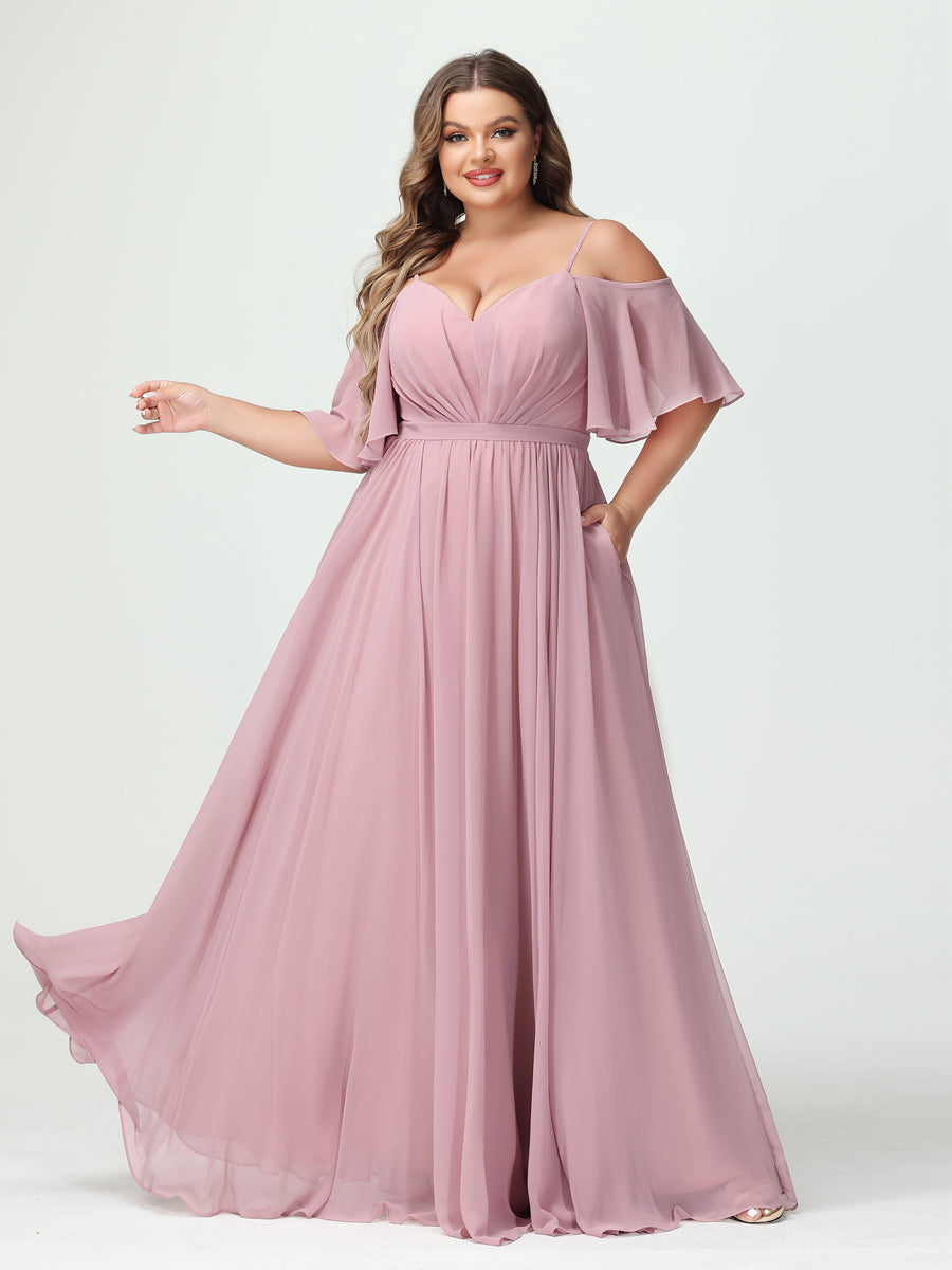 A-Line/Princess Spaghetti Straps Half Sleeves Chiffon Plus Size Bridesmaid Dresses with Pockets