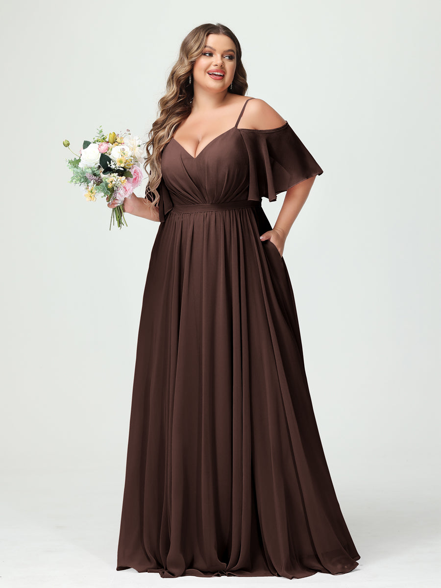 A-Line/Princess Spaghetti Straps Half Sleeves Chiffon Plus Size Bridesmaid Dresses with Pockets
