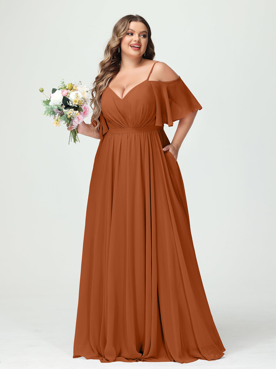 A-Line/Princess Spaghetti Straps Half Sleeves Chiffon Plus Size Bridesmaid Dresses with Pockets