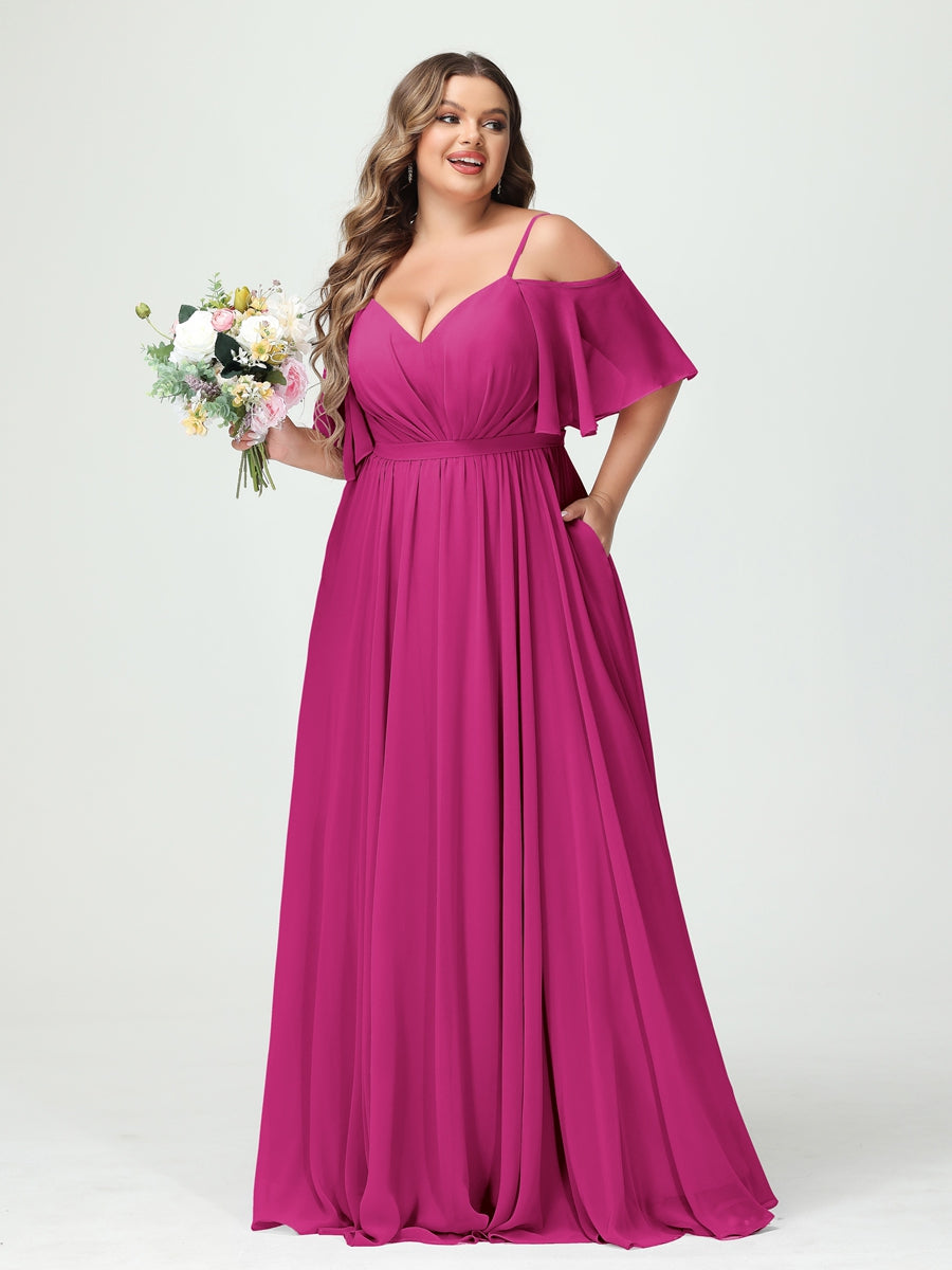 A-Line/Princess Spaghetti Straps Half Sleeves Chiffon Plus Size Bridesmaid Dresses with Pockets