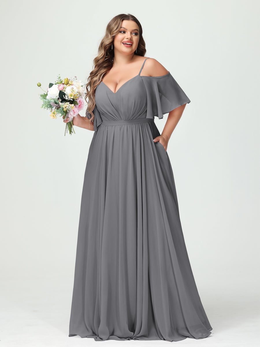 A-Line/Princess Spaghetti Straps Half Sleeves Chiffon Plus Size Bridesmaid Dresses with Pockets