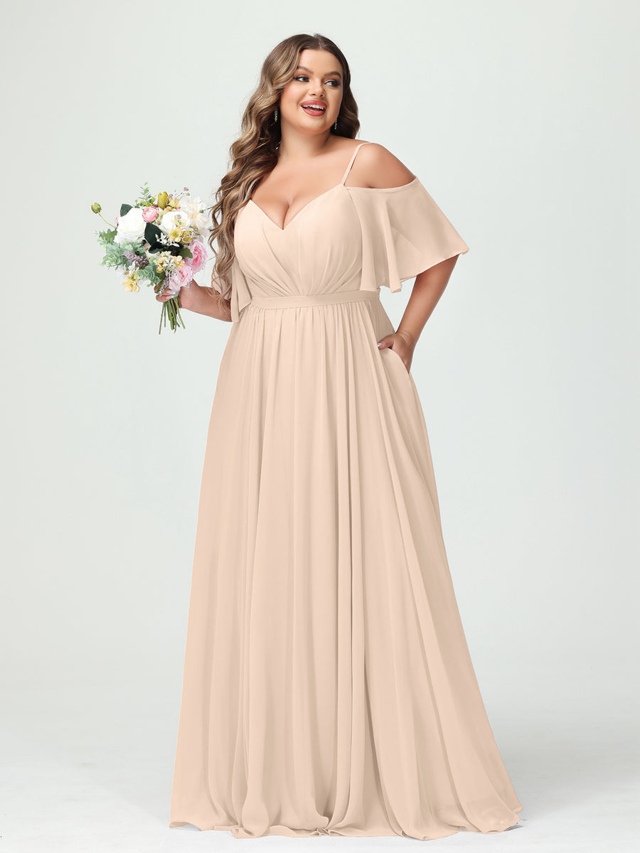 A-Line/Princess Spaghetti Straps Half Sleeves Chiffon Plus Size Bridesmaid Dresses with Pockets