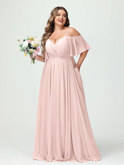 A-Line/Princess Spaghetti Straps Half Sleeves Chiffon Plus Size Bridesmaid Dresses with Pockets