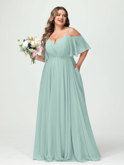 A-Line/Princess Spaghetti Straps Half Sleeves Chiffon Plus Size Bridesmaid Dresses with Pockets