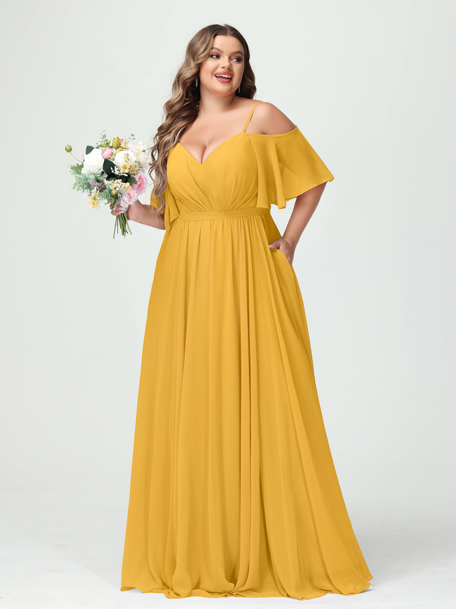 A-Line/Princess Spaghetti Straps Half Sleeves Chiffon Plus Size Bridesmaid Dresses with Pockets