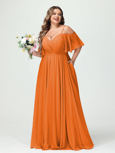 A-Line/Princess Spaghetti Straps Half Sleeves Chiffon Plus Size Bridesmaid Dresses with Pockets