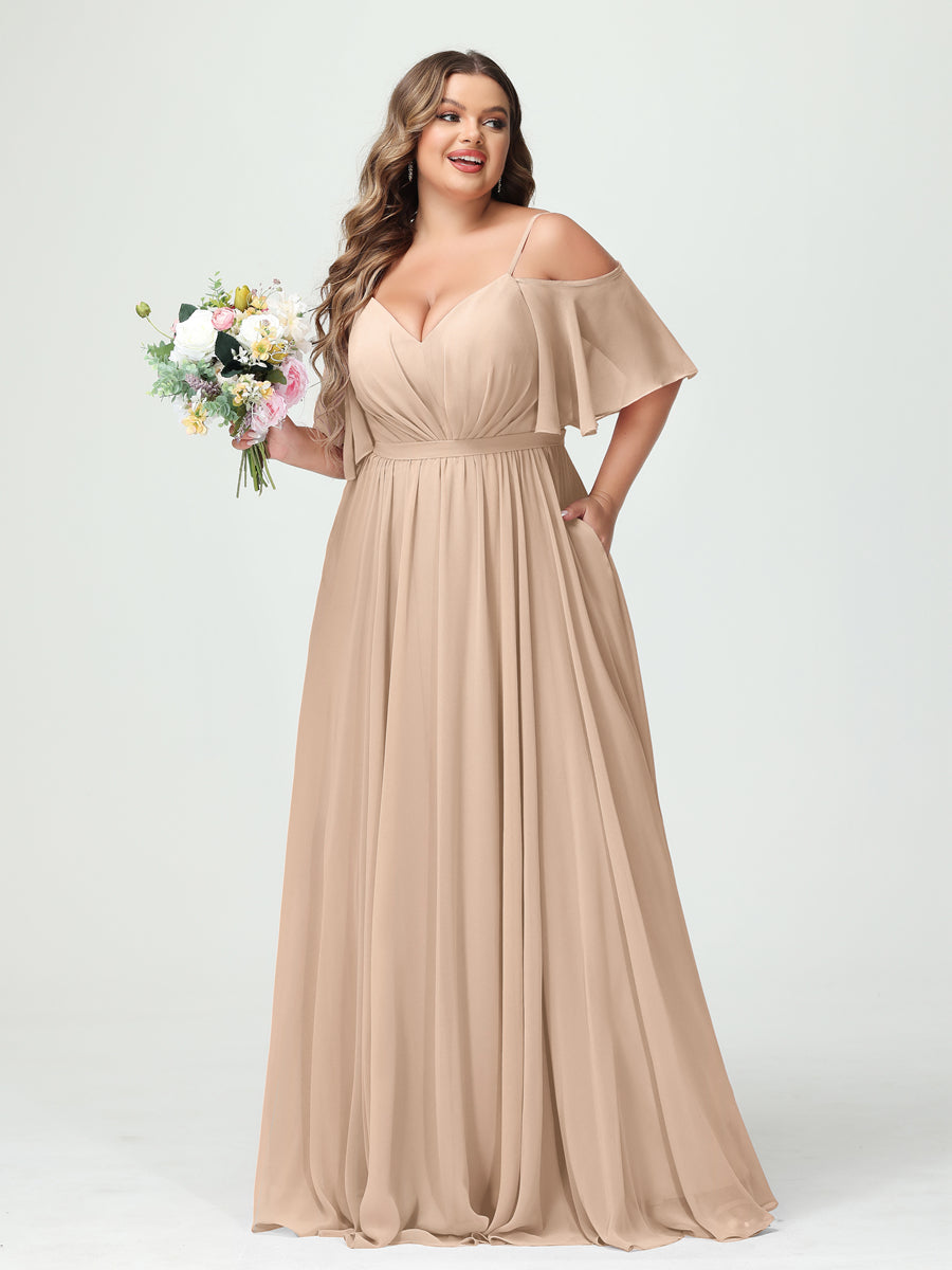 A-Line/Princess Spaghetti Straps Half Sleeves Chiffon Plus Size Bridesmaid Dresses with Pockets