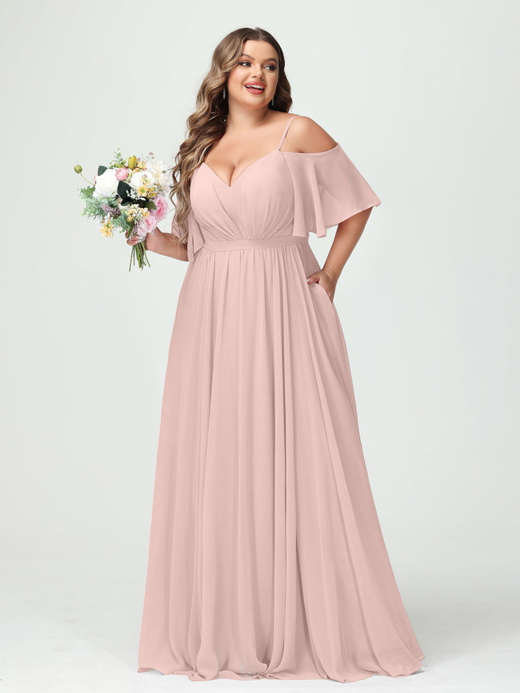 A Line Princess Spaghetti Straps Half Sleeves Chiffon Plus Size