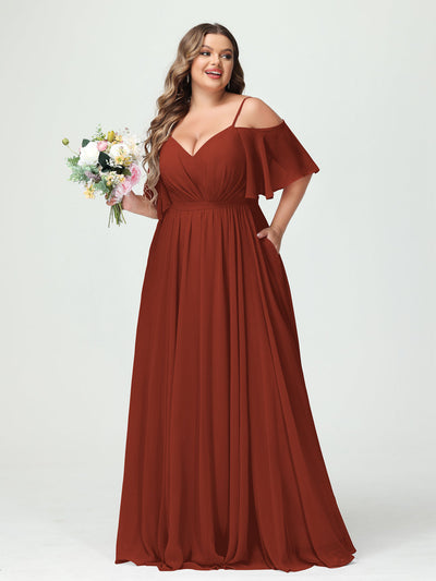 A-Line/Princess Spaghetti Straps Half Sleeves Chiffon Plus Size Bridesmaid Dresses with Pockets