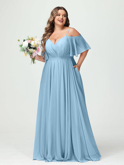 A-Line/Princess Spaghetti Straps Half Sleeves Chiffon Plus Size Bridesmaid Dresses with Pockets