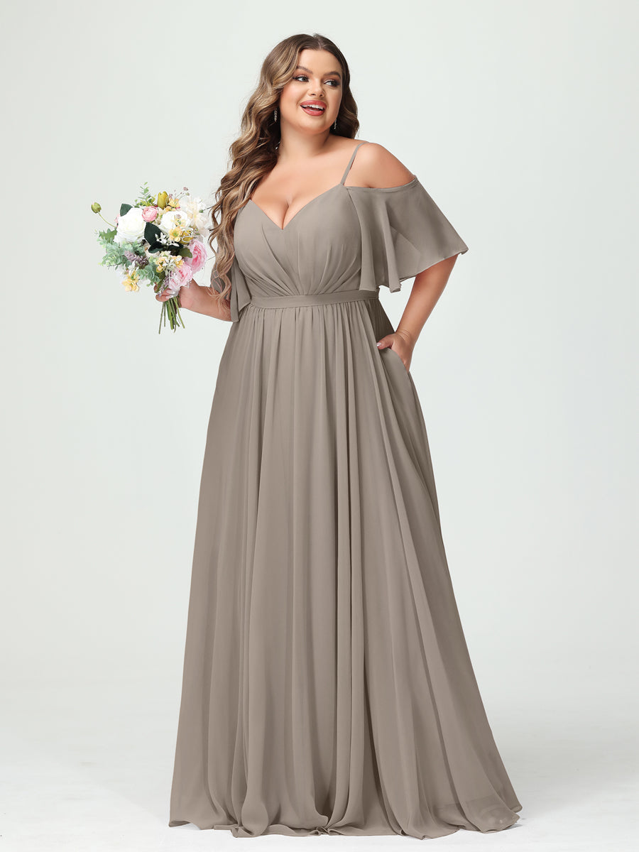 A-Line/Princess Spaghetti Straps Half Sleeves Chiffon Plus Size Bridesmaid Dresses with Pockets