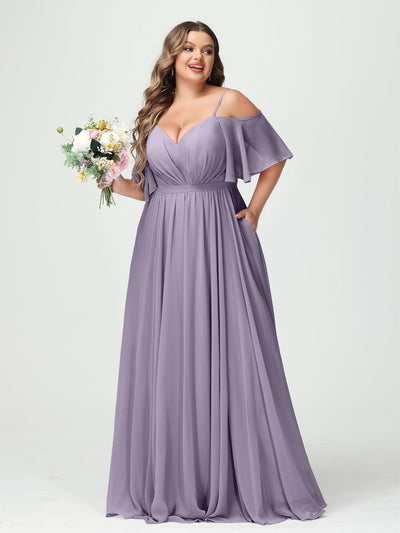 A-Line/Princess Spaghetti Straps Half Sleeves Chiffon Plus Size Bridesmaid Dresses with Pockets