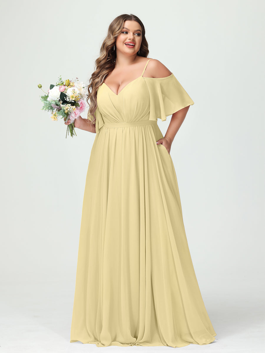 A-Line/Princess Spaghetti Straps Half Sleeves Chiffon Plus Size Bridesmaid Dresses with Pockets