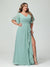 A-Line/Princess V-Neck Half Sleeves Chiffon Ruffles Plus Size Bridesmaid Dresses with Split Side