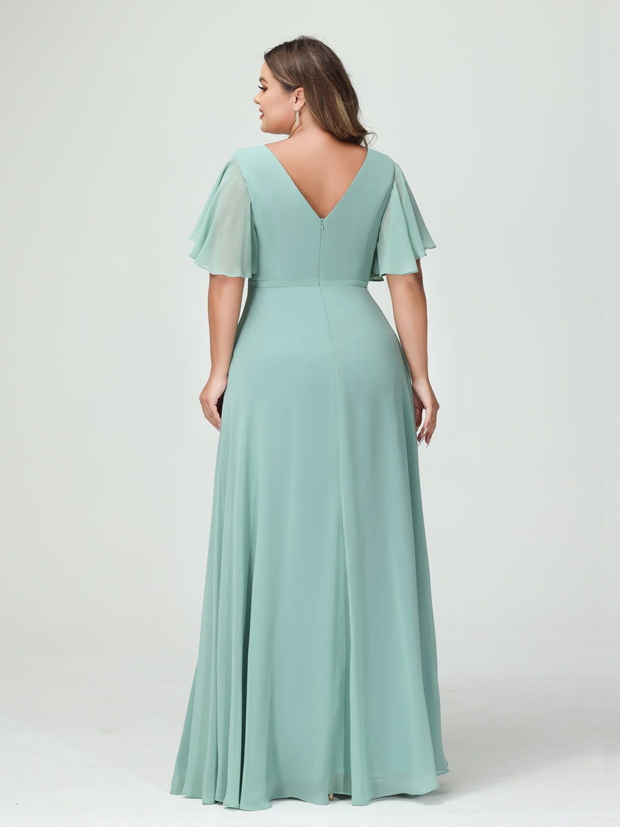 A-Line/Princess V-Neck Half Sleeves Chiffon Ruffles Plus Size Bridesmaid Dresses with Split Side