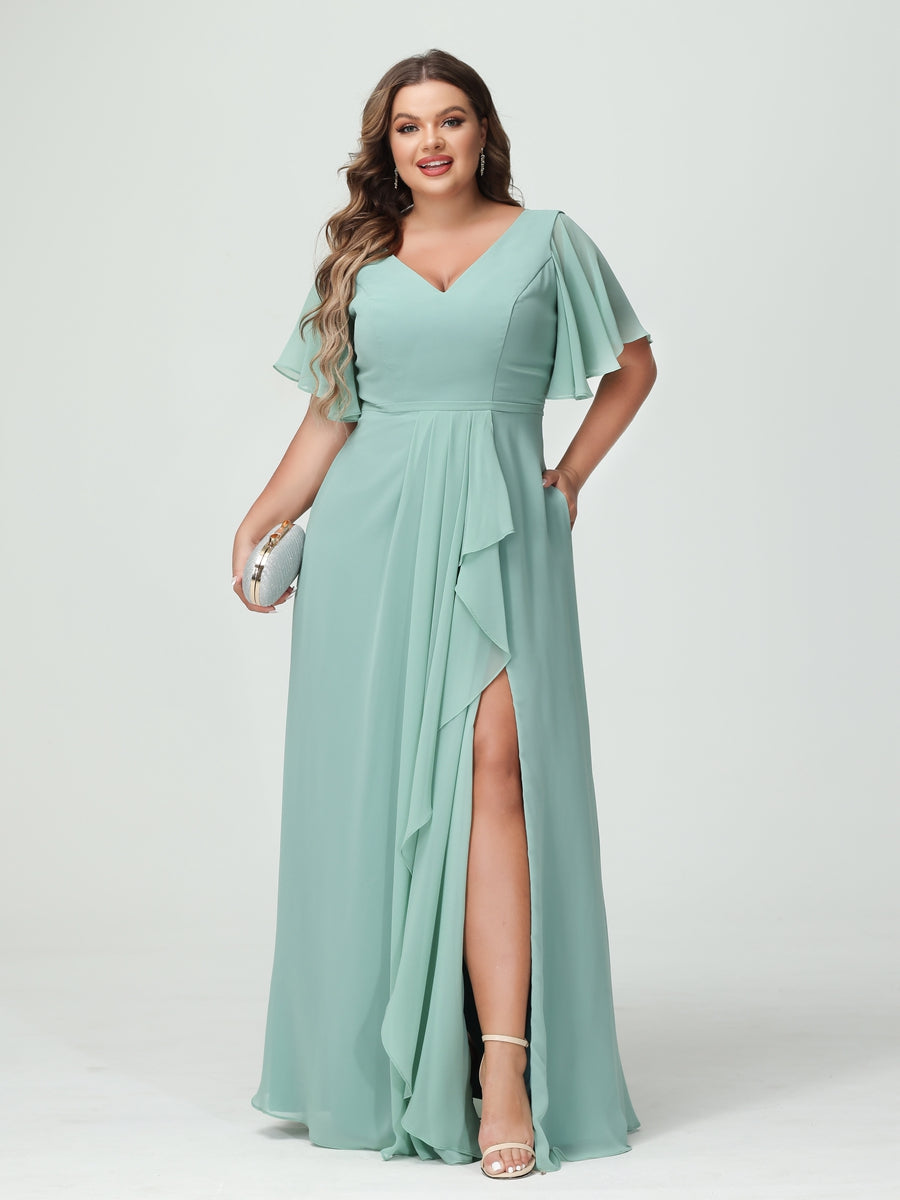 A-Line/Princess V-Neck Half Sleeves Chiffon Ruffles Plus Size Bridesmaid Dresses with Split Side