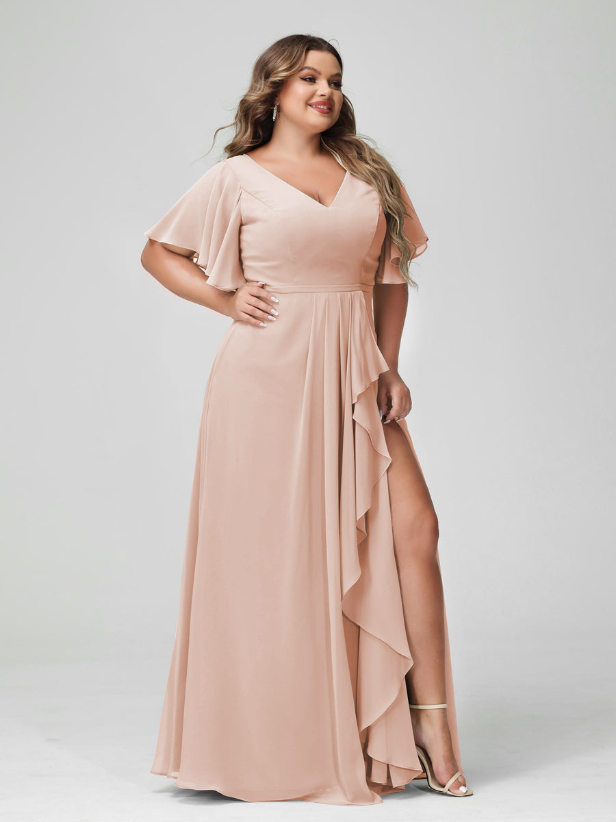 A-Line/Princess V-Neck Half Sleeves Chiffon Ruffles Plus Size Bridesmaid Dresses with Split Side