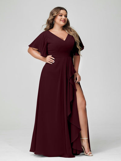 A-Line/Princess V-Neck Half Sleeves Chiffon Ruffles Plus Size Bridesmaid Dresses with Split Side