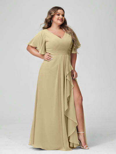 A-Line/Princess V-Neck Half Sleeves Chiffon Ruffles Plus Size Bridesmaid Dresses with Split Side