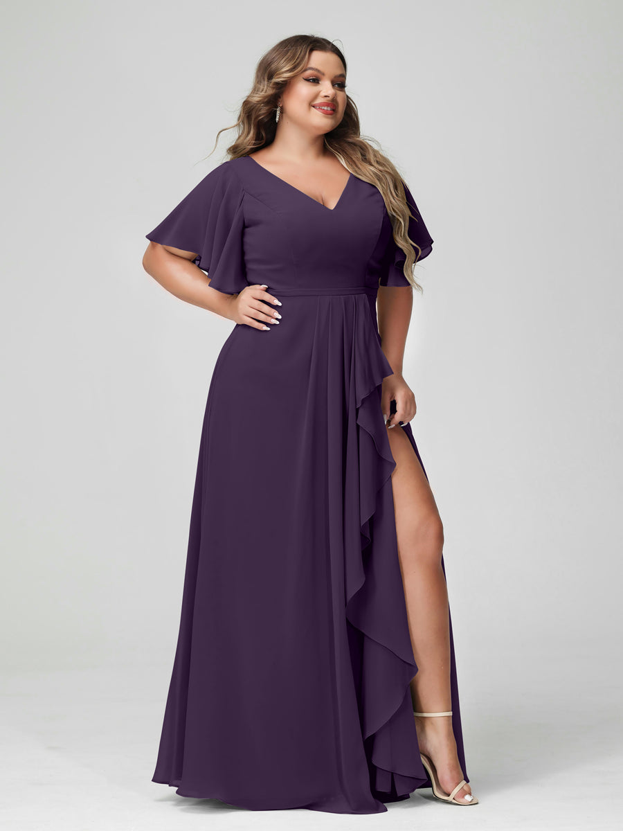 A-Line/Princess V-Neck Half Sleeves Chiffon Ruffles Plus Size Bridesmaid Dresses with Split Side