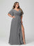 A-Line/Princess V-Neck Half Sleeves Chiffon Ruffles Plus Size Bridesmaid Dresses with Split Side