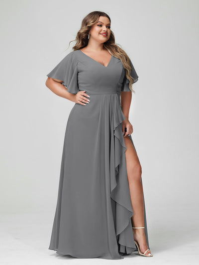 A-Line/Princess V-Neck Half Sleeves Chiffon Ruffles Plus Size Bridesmaid Dresses with Split Side