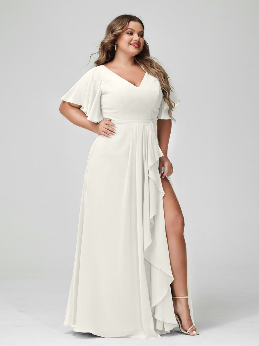 A-Line/Princess V-Neck Half Sleeves Chiffon Ruffles Plus Size Bridesmaid Dresses with Split Side