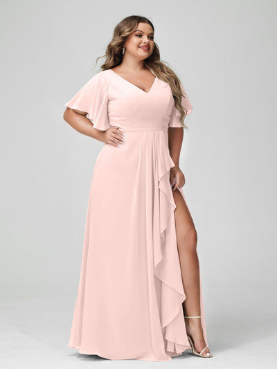 A-Line/Princess V-Neck Half Sleeves Chiffon Ruffles Plus Size Bridesmaid Dresses with Split Side