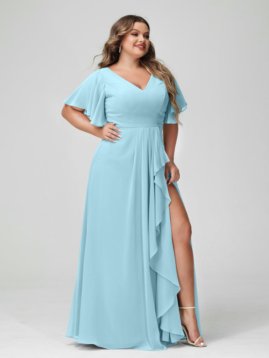 A-Line/Princess V-Neck Half Sleeves Chiffon Ruffles Plus Size Bridesmaid Dresses with Split Side