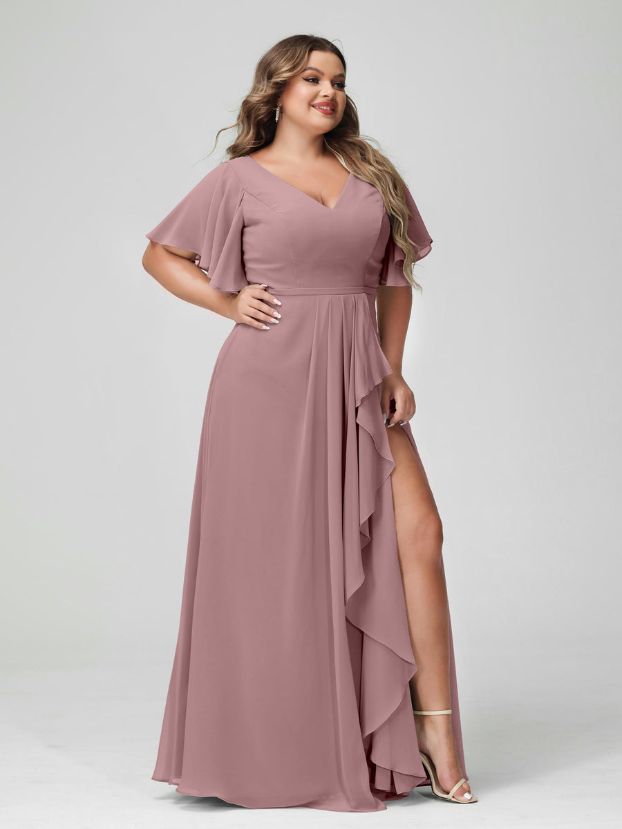 A-Line/Princess V-Neck Half Sleeves Chiffon Ruffles Plus Size Bridesmaid Dresses with Split Side