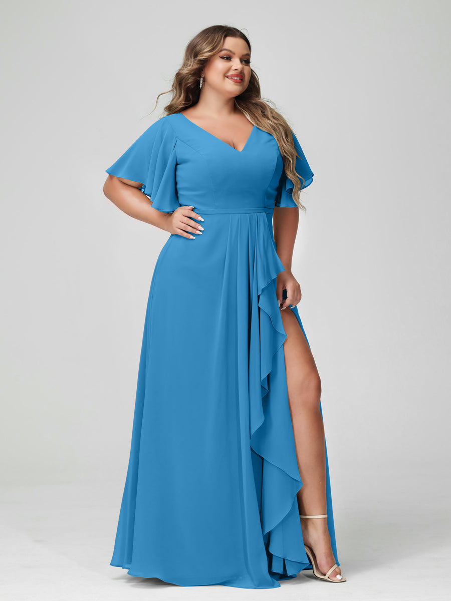 A-Line/Princess V-Neck Half Sleeves Chiffon Ruffles Plus Size Bridesmaid Dresses with Split Side