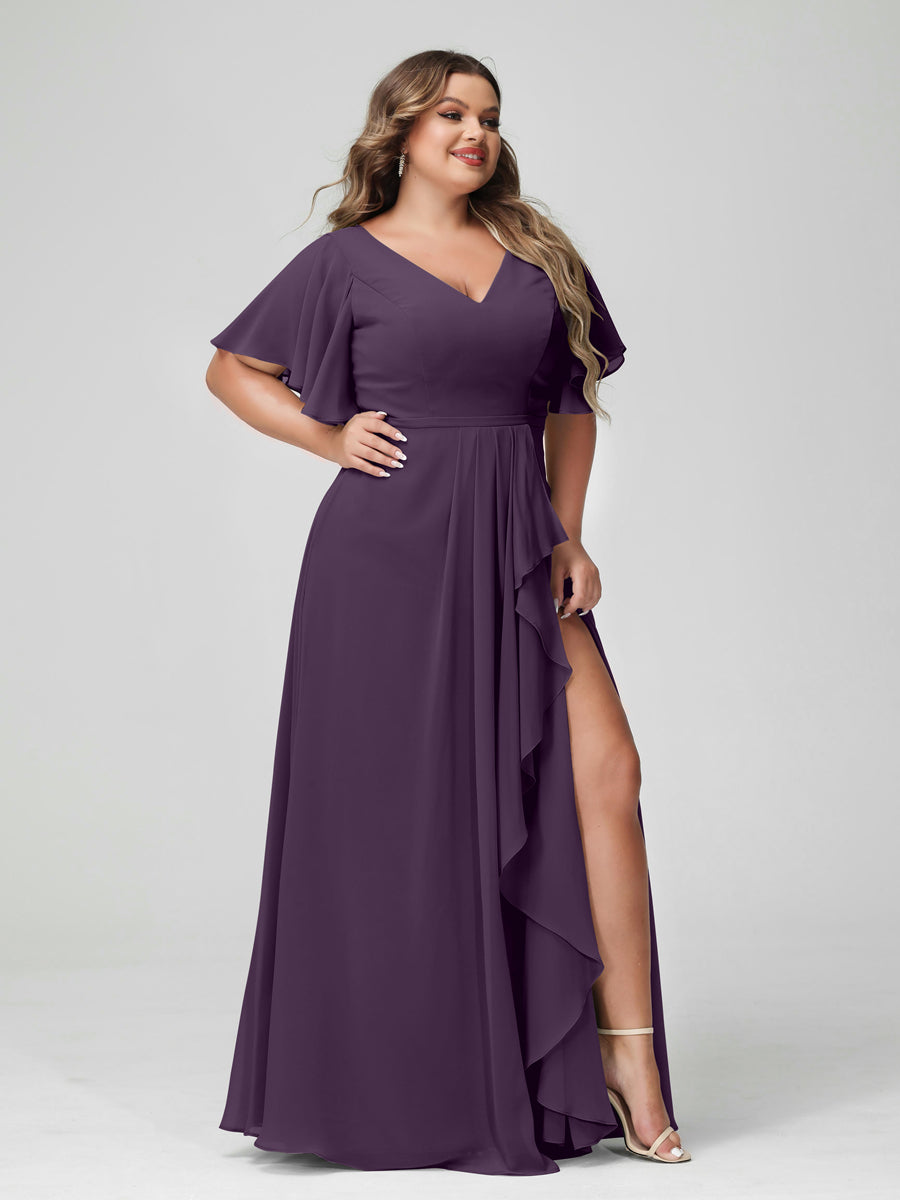 A-Line/Princess V-Neck Half Sleeves Chiffon Ruffles Plus Size Bridesmaid Dresses with Split Side