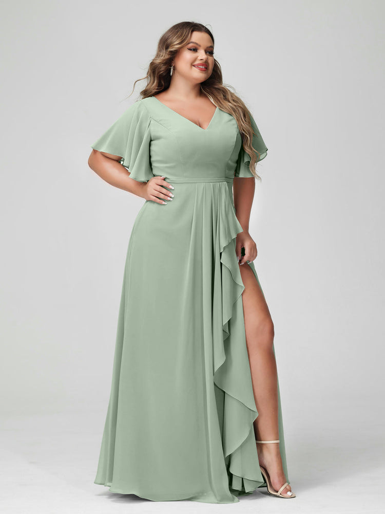 A Line Princess V Neck Half Sleeves Chiffon Ruffles Plus Size Bridesma Lavetir
