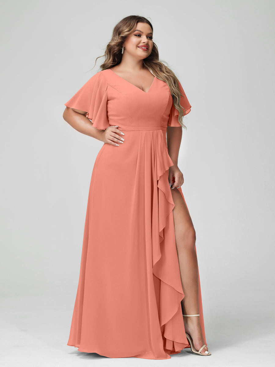 A-Line/Princess V-Neck Half Sleeves Chiffon Ruffles Plus Size Bridesmaid Dresses with Split Side