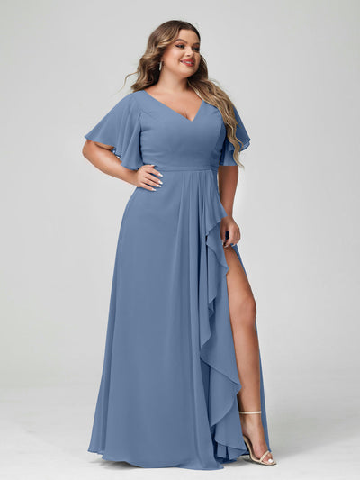 A-Line/Princess V-Neck Half Sleeves Chiffon Ruffles Plus Size Bridesmaid Dresses with Split Side