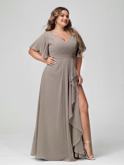 A-Line/Princess V-Neck Half Sleeves Chiffon Ruffles Plus Size Bridesmaid Dresses with Split Side