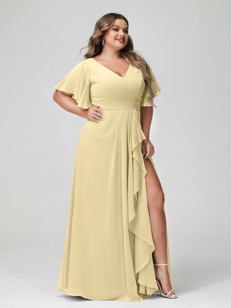 A-Line/Princess V-Neck Half Sleeves Chiffon Ruffles Plus Size Bridesmaid Dresses with Split Side