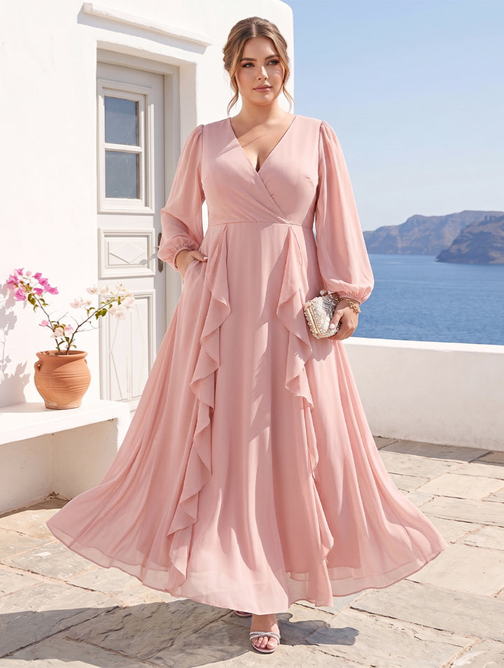 A-Line/Princess V-Neck Long Sleeves Chiffon Tea-Length Ruffles Plus Size Bridesmaid Dresses with Pockets