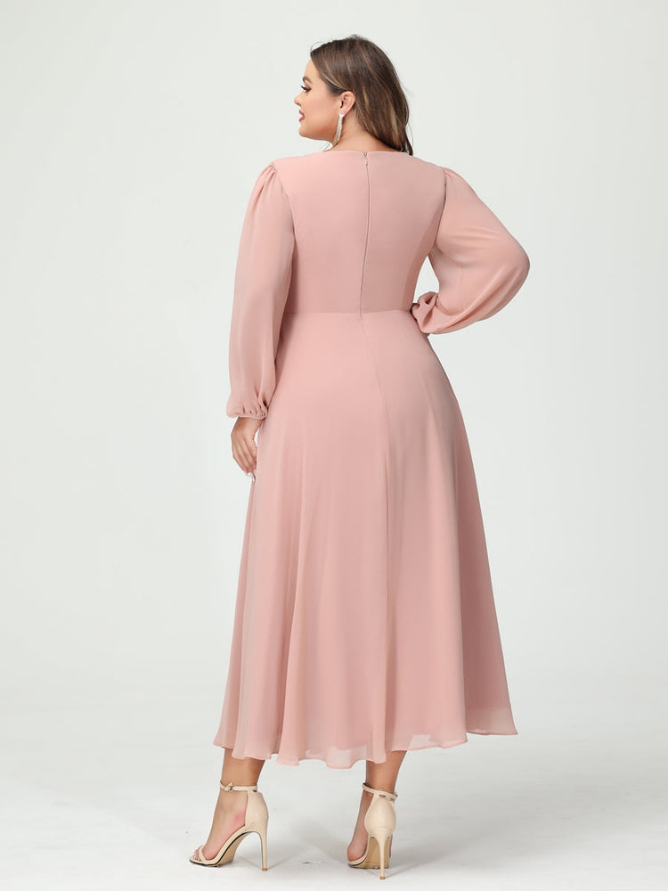 A-Line/Princess V-Neck Long Sleeves Chiffon Tea-Length Ruffles Plus Si ...