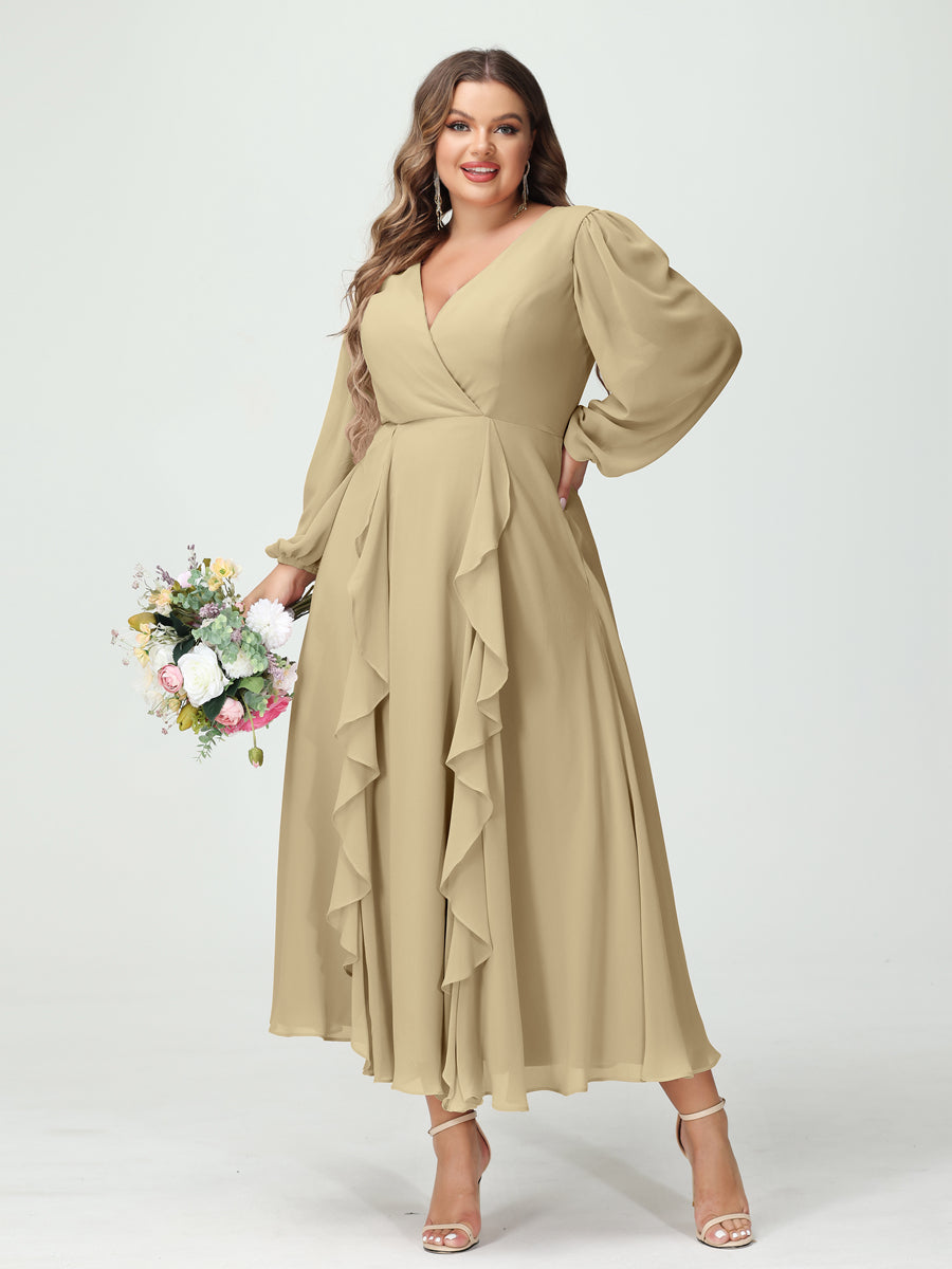 A-Line/Princess V-Neck Long Sleeves Chiffon Tea-Length Ruffles Plus Size Bridesmaid Dresses with Pockets