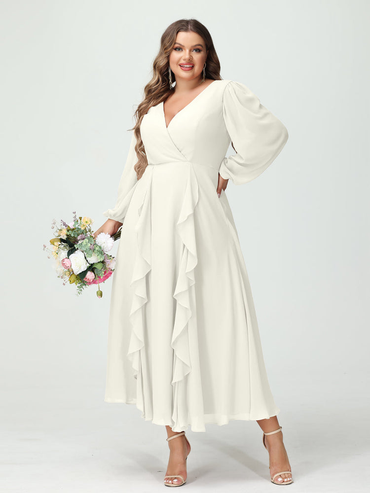 A-Line/Princess V-Neck Long Sleeves Chiffon Tea-Length Ruffles Plus Si ...