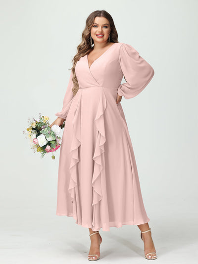 A-Line/Princess V-Neck Long Sleeves Chiffon Tea-Length Ruffles Plus Size Bridesmaid Dresses with Pockets