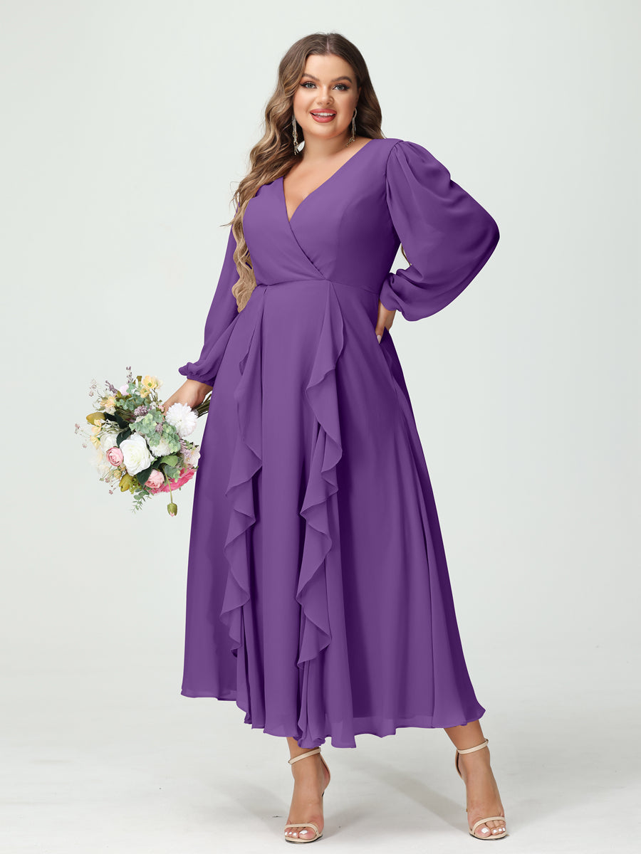 A-Line/Princess V-Neck Long Sleeves Chiffon Tea-Length Ruffles Plus Size Bridesmaid Dresses with Pockets