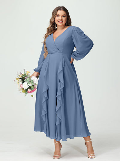 A-Line/Princess V-Neck Long Sleeves Chiffon Tea-Length Ruffles Plus Size Bridesmaid Dresses with Pockets