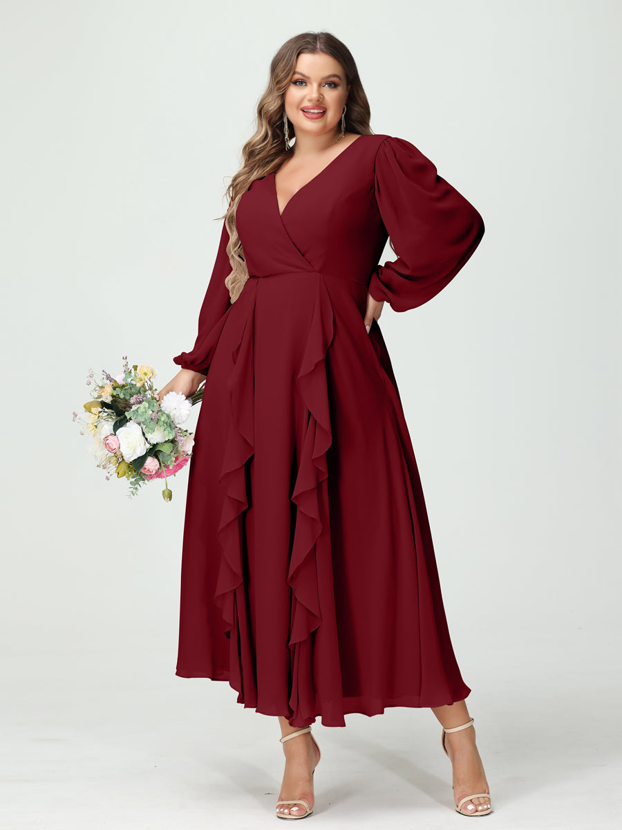 A-Line/Princess V-Neck Long Sleeves Chiffon Tea-Length Ruffles Plus Size Bridesmaid Dresses with Pockets