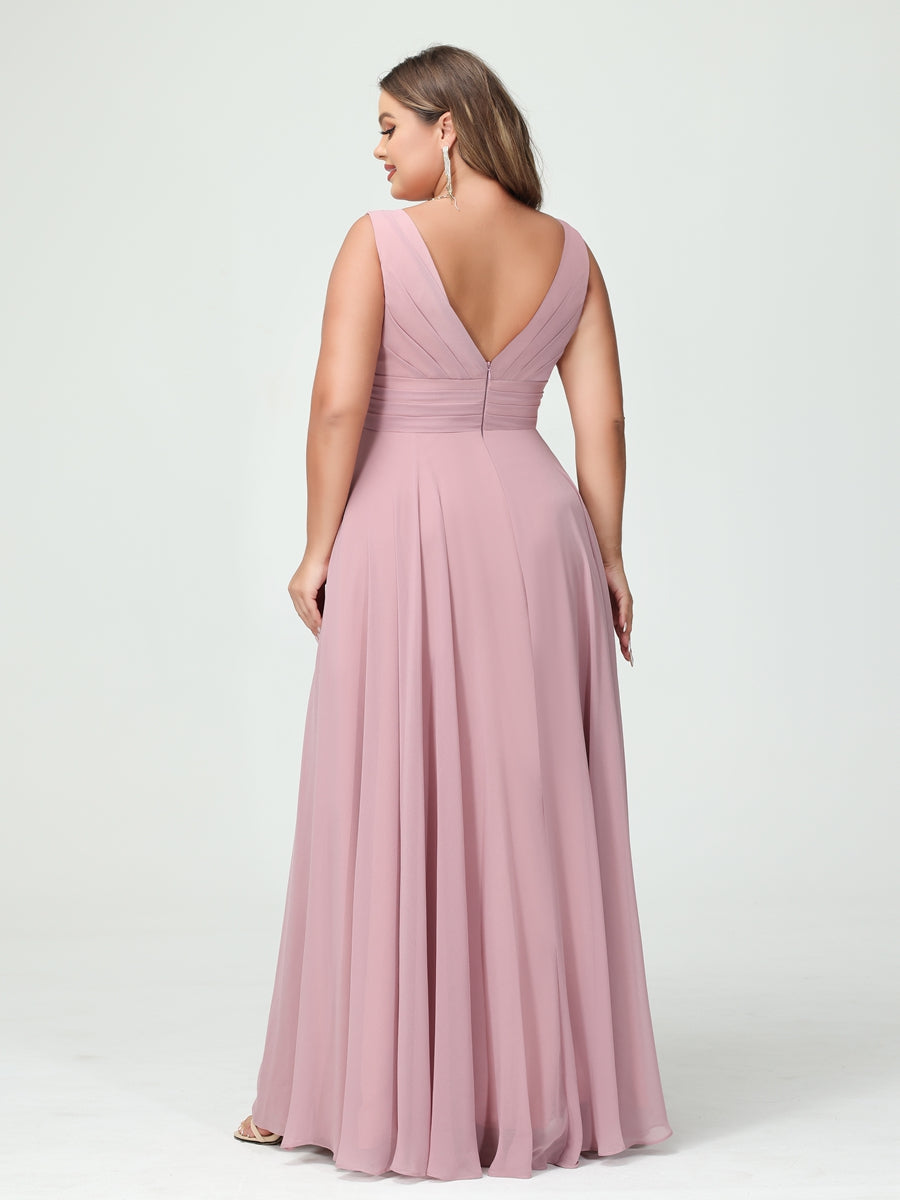 A-Line/Princess V-Neck Sleeveless Chiffon Ruffles Plus Size Bridesmaid Dresses with Pockets