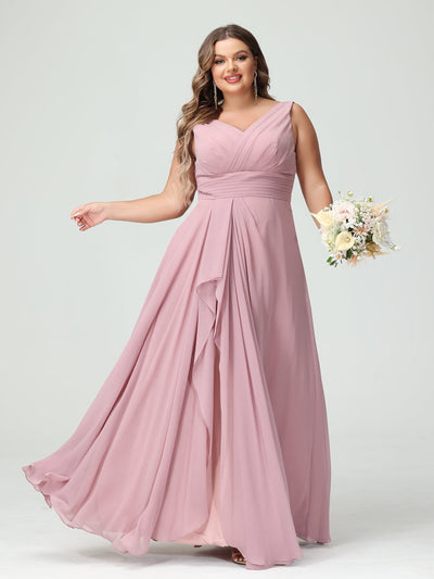 A-Line/Princess V-Neck Sleeveless Chiffon Ruffles Plus Size Bridesmaid Dresses with Pockets