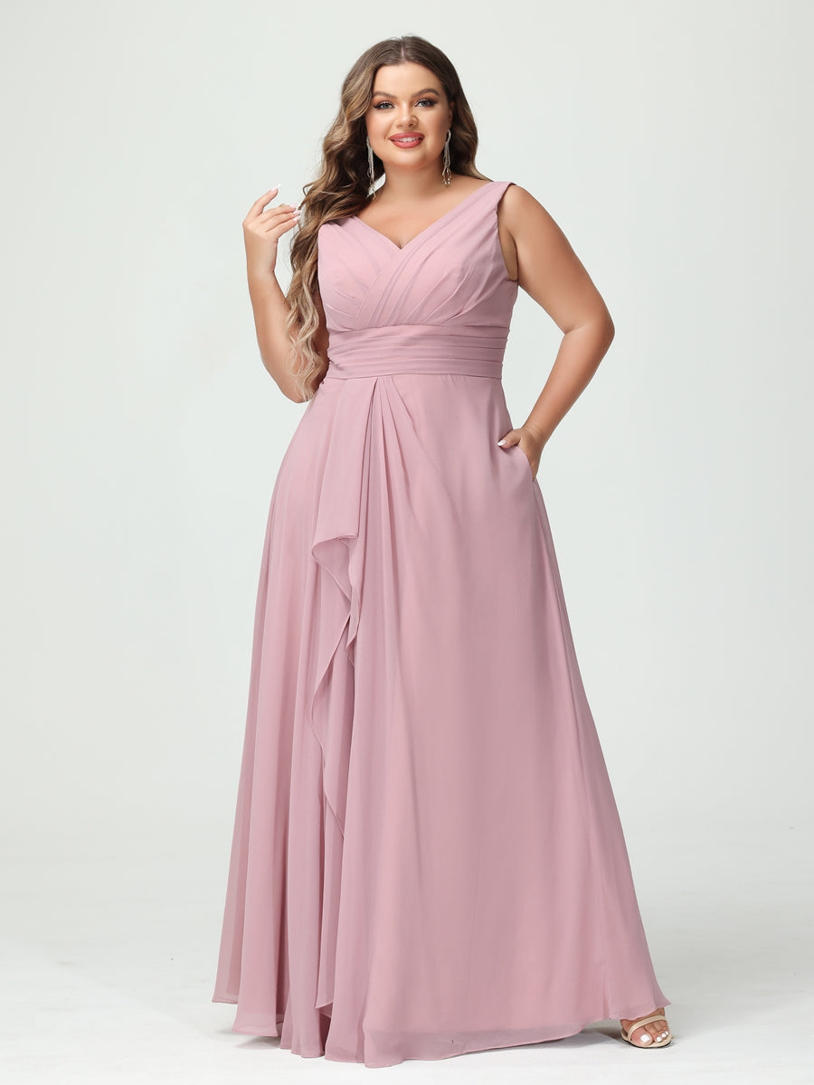 A-Line/Princess V-Neck Sleeveless Chiffon Ruffles Plus Size Bridesmaid Dresses with Pockets